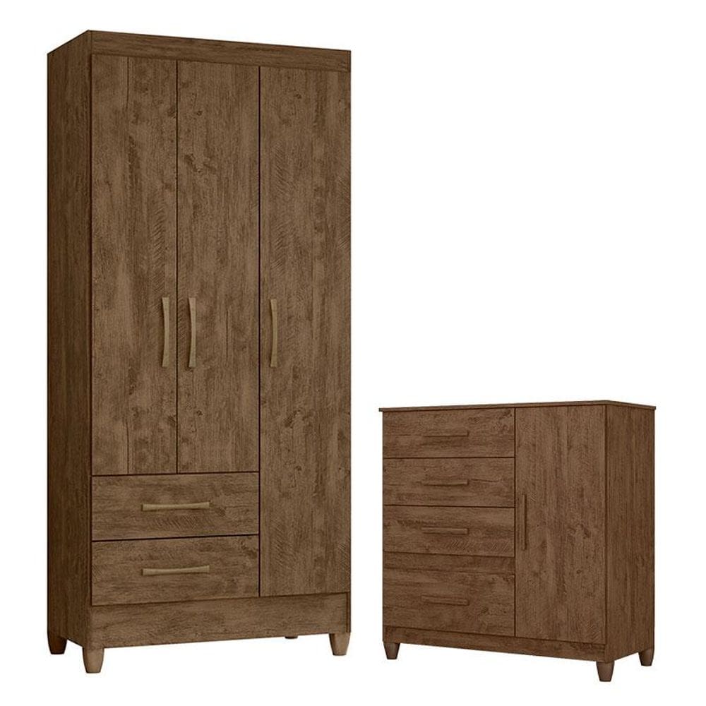 Guarda Roupa Solteiro Lima e Cômoda Vênus com Pés Castanho Wood Flex - Moval