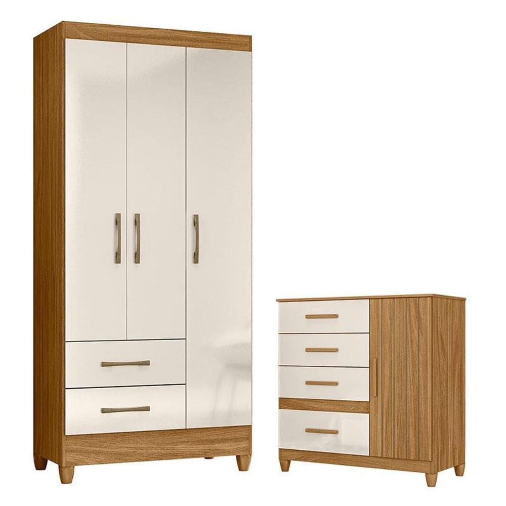 Guarda Roupa Solteiro Lima e Cômoda Vênus com Pés Freijó Off White - Moval