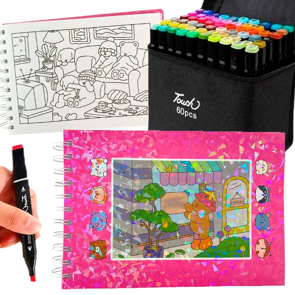 Livro Pintar Colorir Ursinho Fofo 100 Paginas Canetinhas 60 Cores Ponta Dupla Permanente