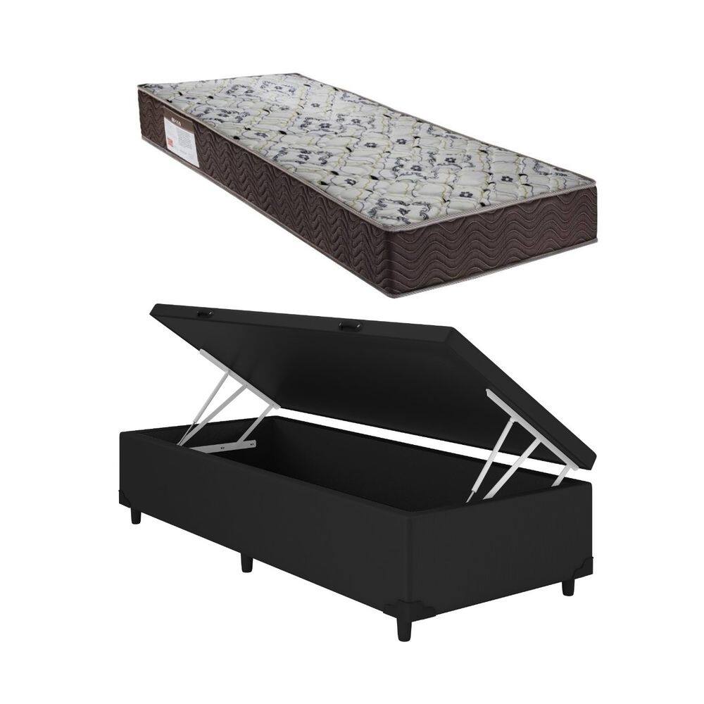 Cama Box Baú Solteiro Preto Colchão ISO 150 D45 - Ortobom