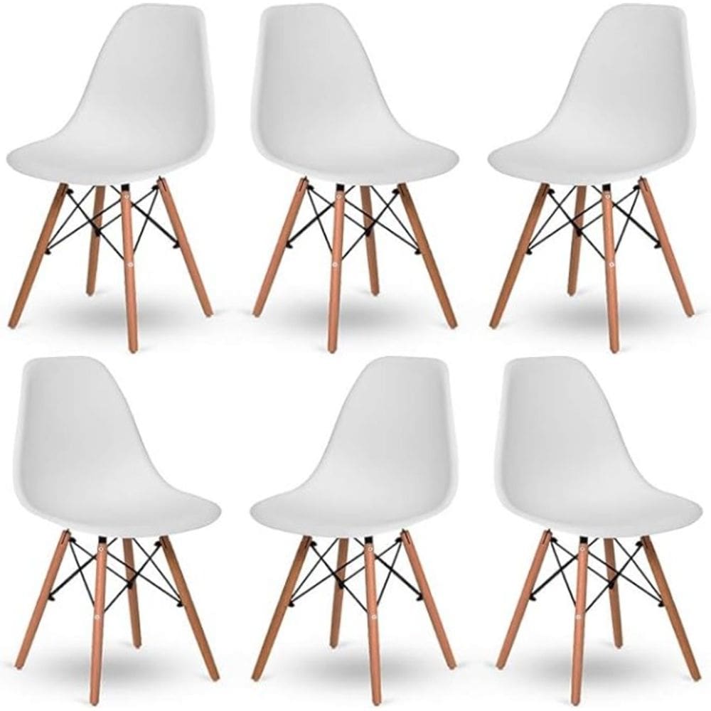 Conjunto com 6 Cadeiras Eiffel Brancas – Design Moderno com Base de Madeira Pé Palito