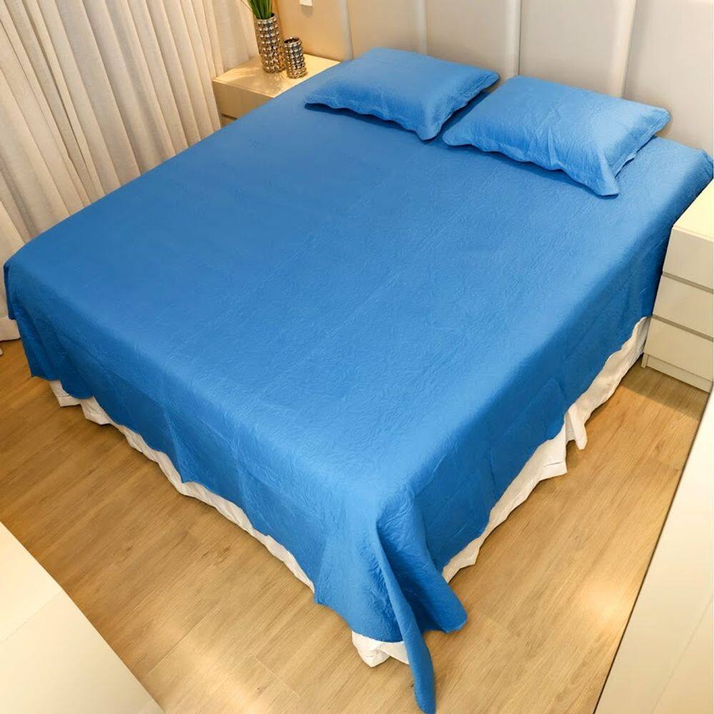 Colcha Cobre Leito King Poliester Matelado Liso 3pcs Azul