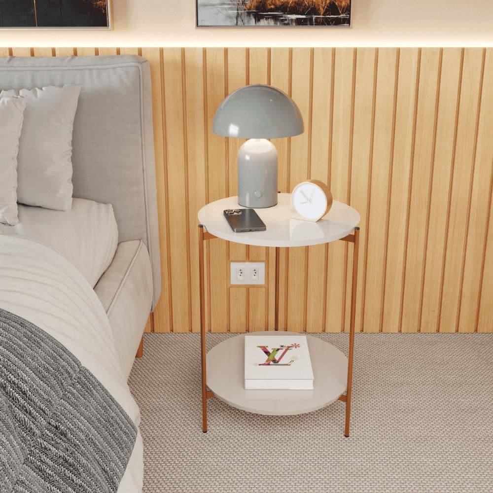 Mesa De Apoio Lateral Duda Off White Com Pés de Ferro Bronze