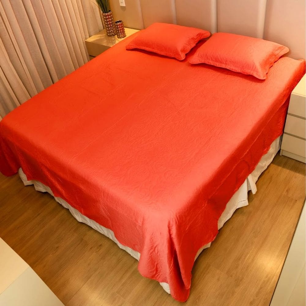 Colcha Cobre Leito King Poliester Matelado Liso 3pcs Salmão