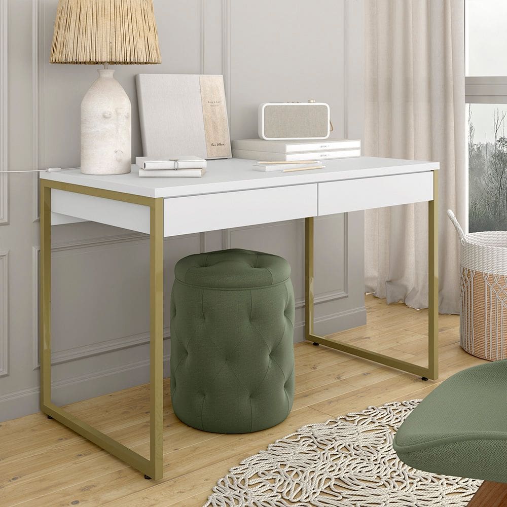 Escrivaninha Industrial Vancouver Com 2 Gavetas Dourado/branco - M.a