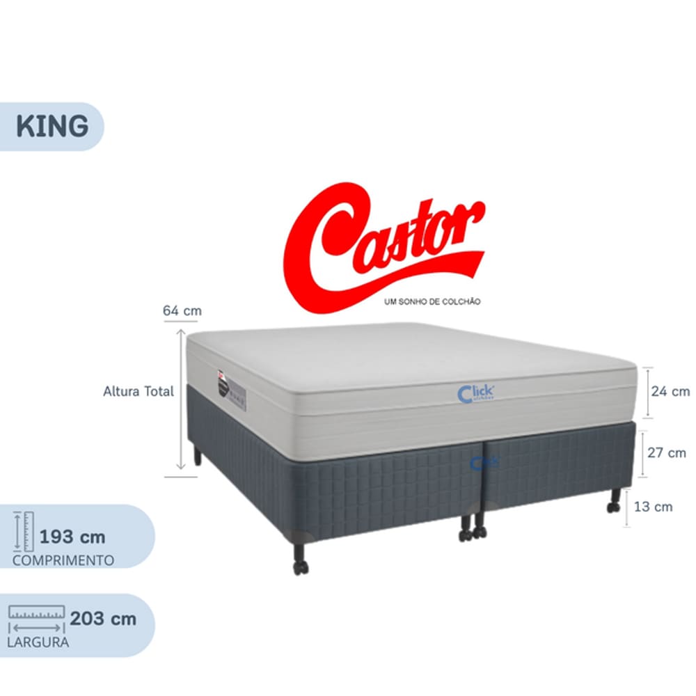 Conjunto King Size Castor Colchão Class New Tecnopedic One Face + Base Box Silver Star Cinza 193x203x64