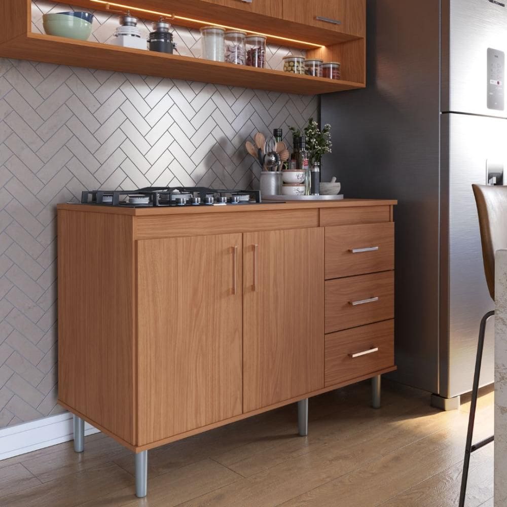 Balcão Para Cooktop 1,20m 5 Bocas 2 Portas E 3 Gavetas Turim Nature