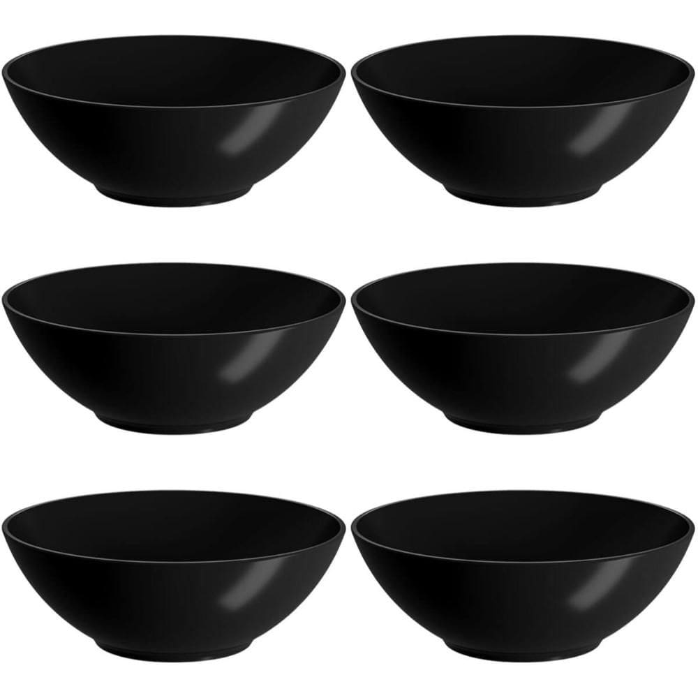 Conjunto 6 Cumbucas 500ml Bowl Plástico Redondo Preto Cozy Prato para Cereal Petiscos Caldos Iogurte