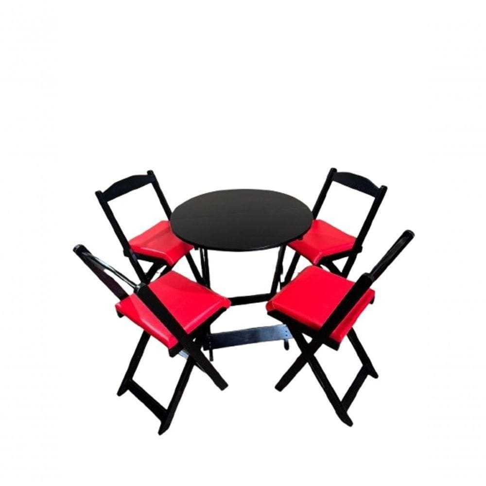 Conjunto Mesa Dobrável Com 4 Cadeiras Redonda Preto Estofado Vermelho