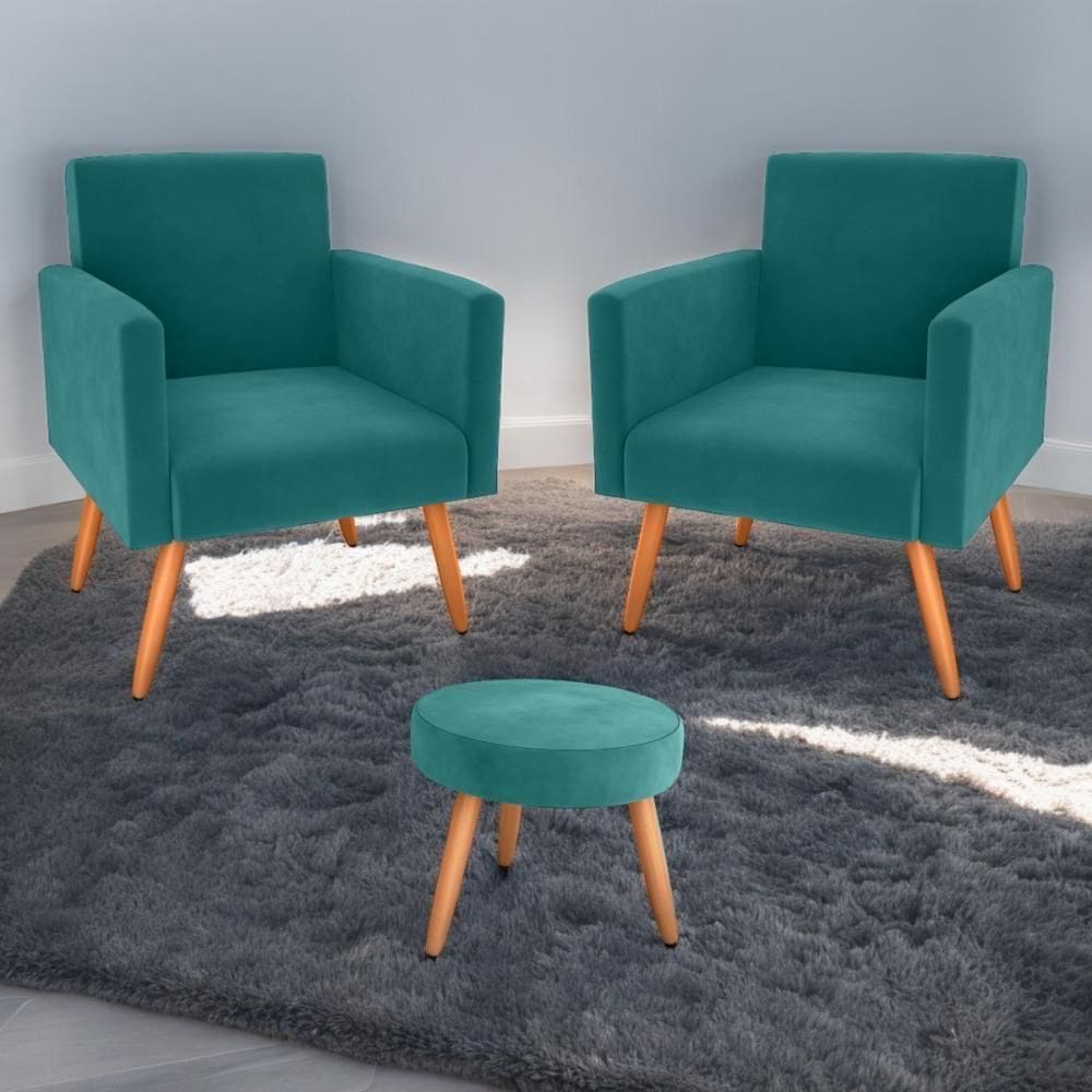 Conjunto Poltronas E Puff Anari Veludo Verde Menta