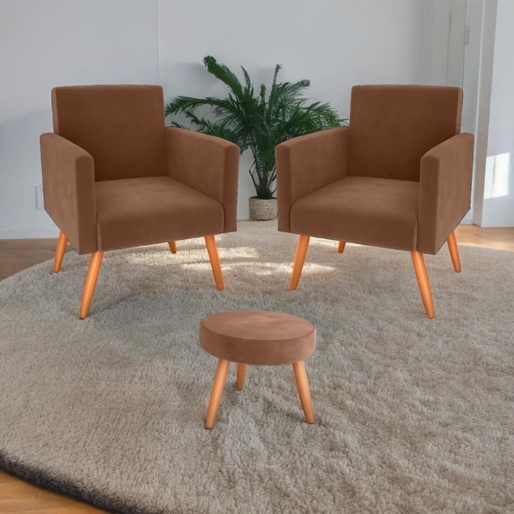 Conjunto Poltronas E Puff Iara Veludo Ferrugem