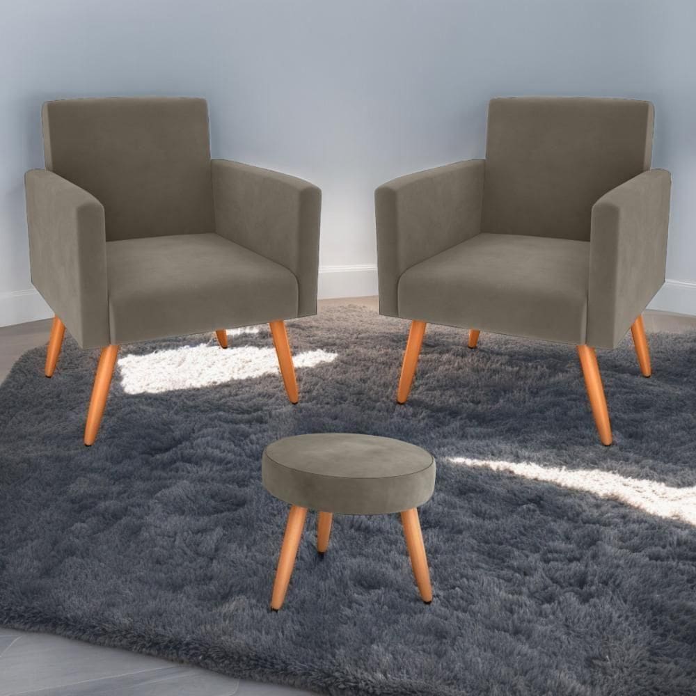 Conjunto Poltronas E Puff Anari Veludo Cappuccino