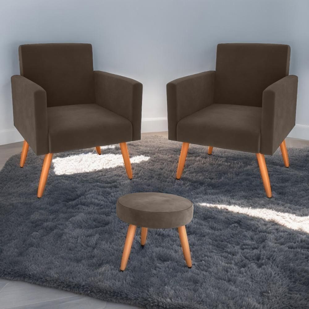 Conjunto Poltronas E Puff Anari Veludo Marrom