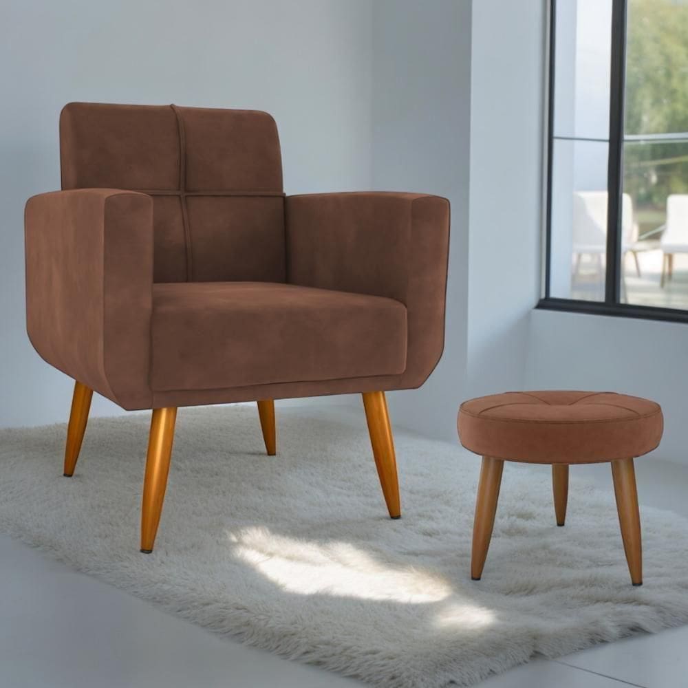 Jogo Poltrona E Puff Para Sala Oliver Veludo Ferrugem