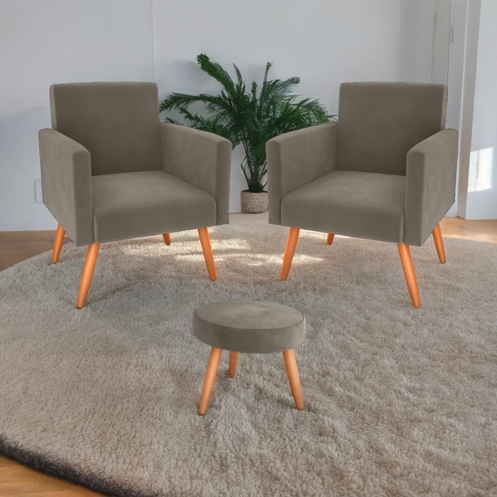 Conjunto Poltronas E Puff Iara Veludo Cappuccino
