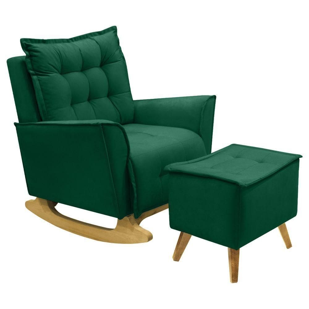Poltrona Amamentação De Balanço Helena + Puff Veludo Quarto Verde