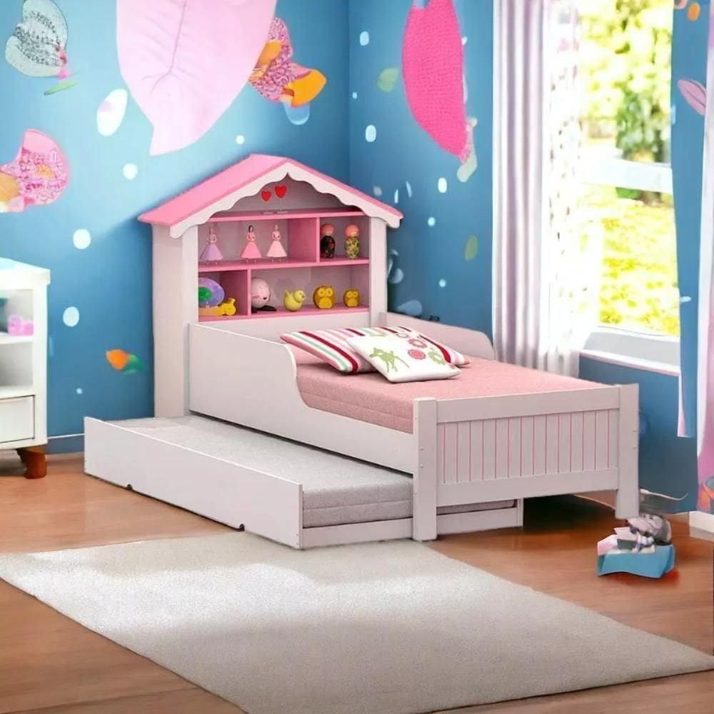 Bicama Casa Menina Com Nichos Rosa Solteiro