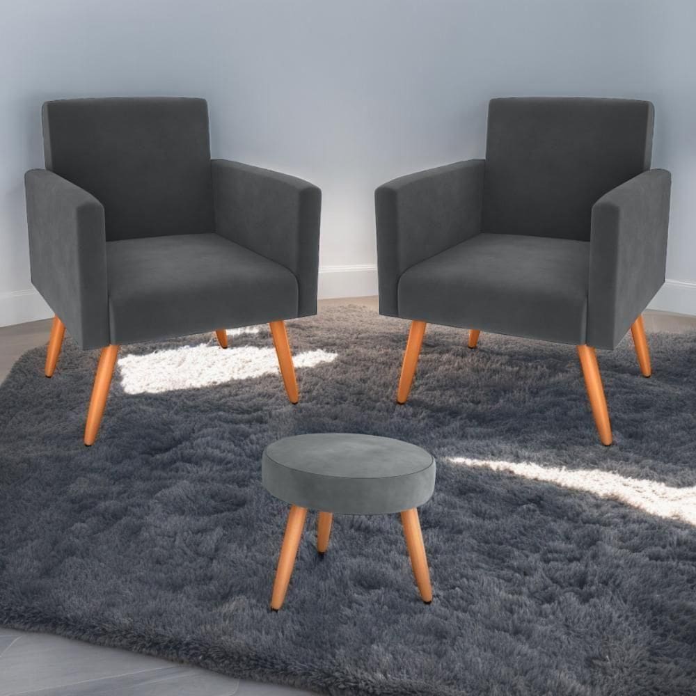 Conjunto Poltronas E Puff Anari Veludo Cinza