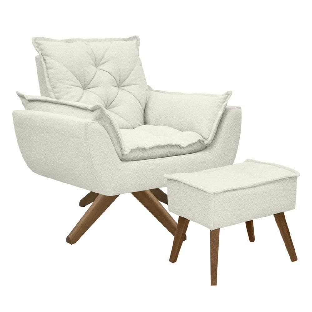 Kit Poltrona E Puff Opala Com Base Em Madeira Tecido Boucle Off White