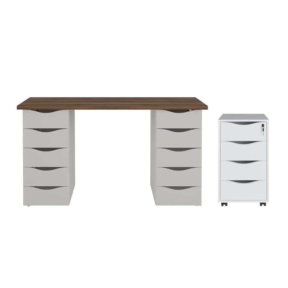 Conjunto Escrivaninha E Gaveteiro Erfurt Nogal Branco