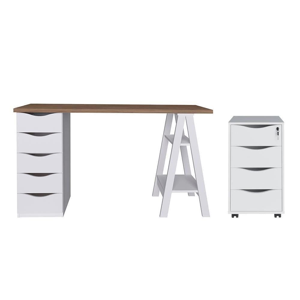Conjunto Escrivaninha E Gaveteiro Oldenburgo Nogal Branco