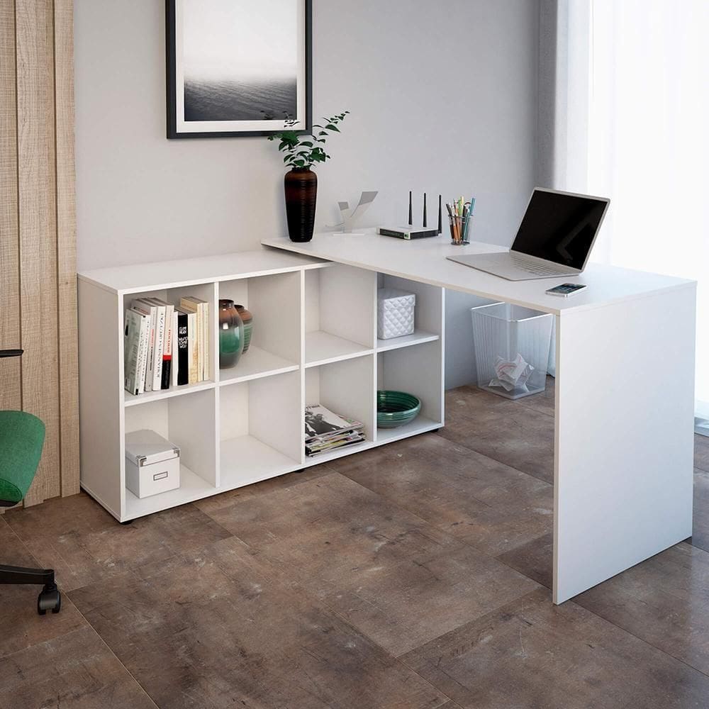 Mesa De Escritório Em L 8 Nichos Dakota Branco