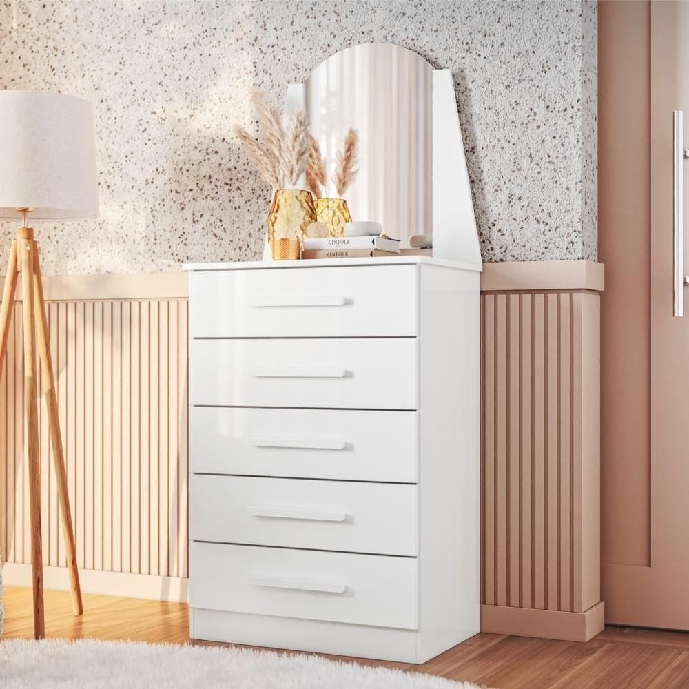 Cômoda Villa Branco Com Espelho 5 Gavetas