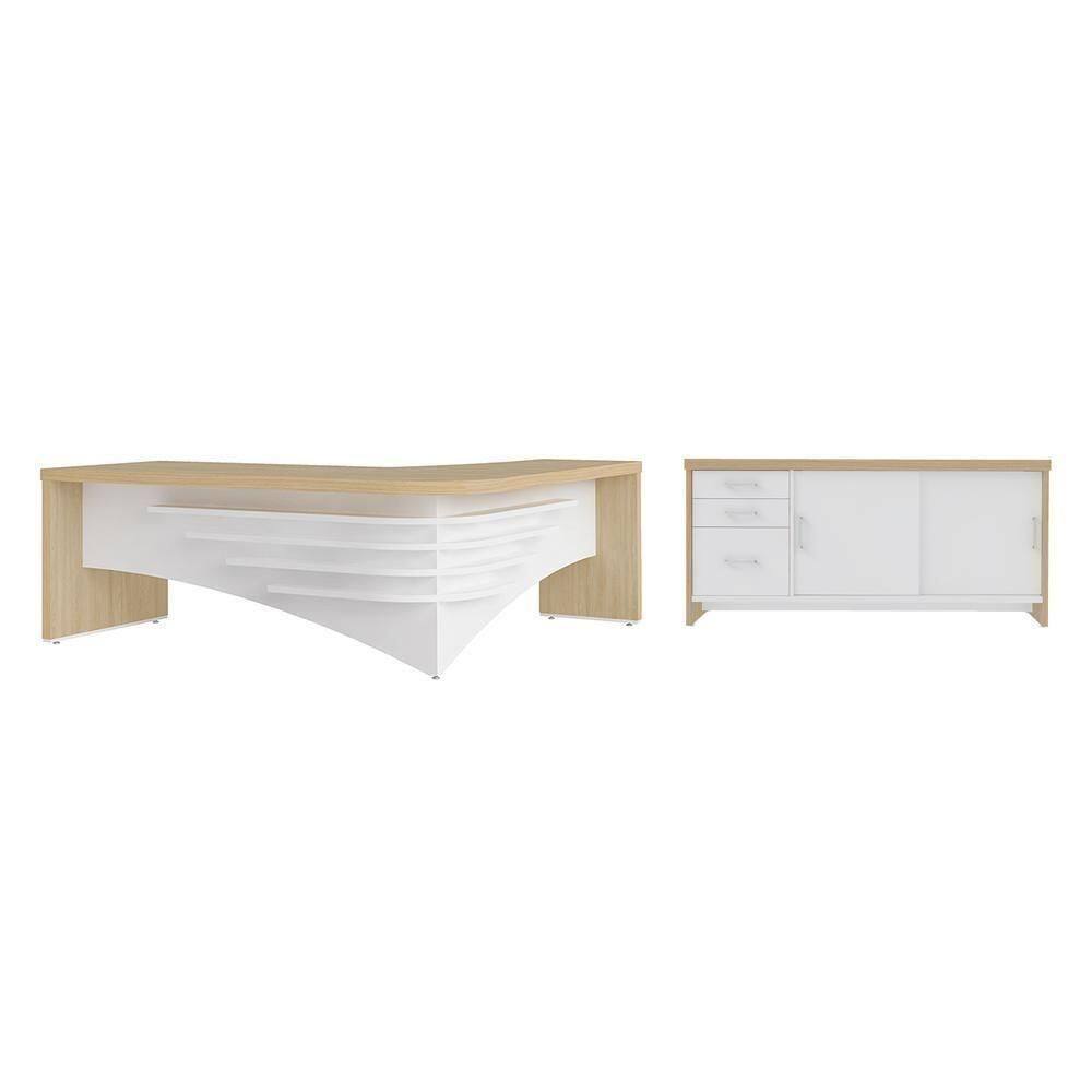Conjunto Mesa Executiva E Balcão Watford Carvalho Branco