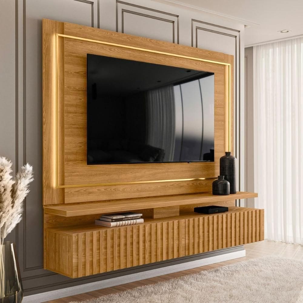 Painel Home Com Led 2 Gavetas Ripadas Madri Cumaru