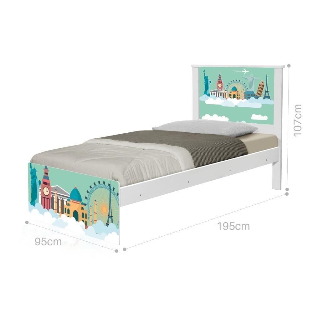 Cama Solteiro Com Cabeceira Adesivada Mundo Viagens