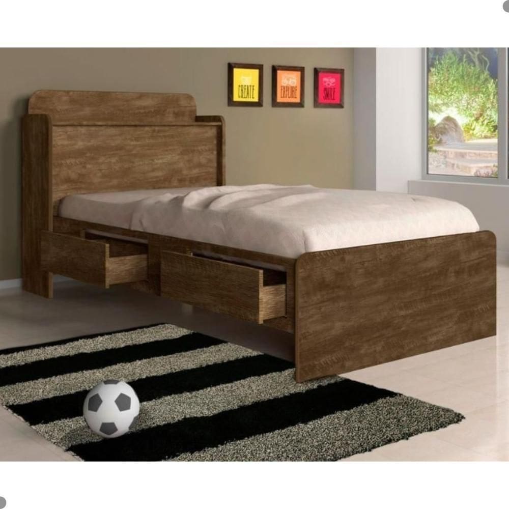 Cama Solteiro Tamires Baú Castanho Com Gavetas