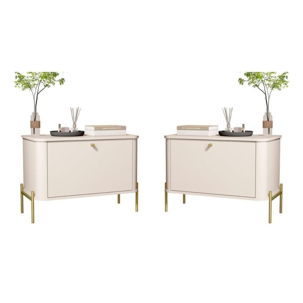 Conjunto Mesa De Cabeceira Albania Off White Dourado