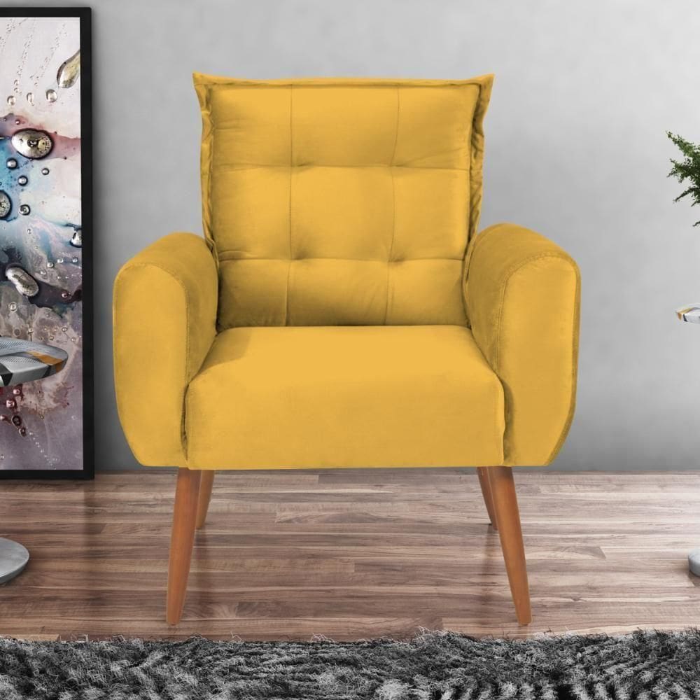 Poltrona Decorativa Para Sala Arcos Veludo Amarelo