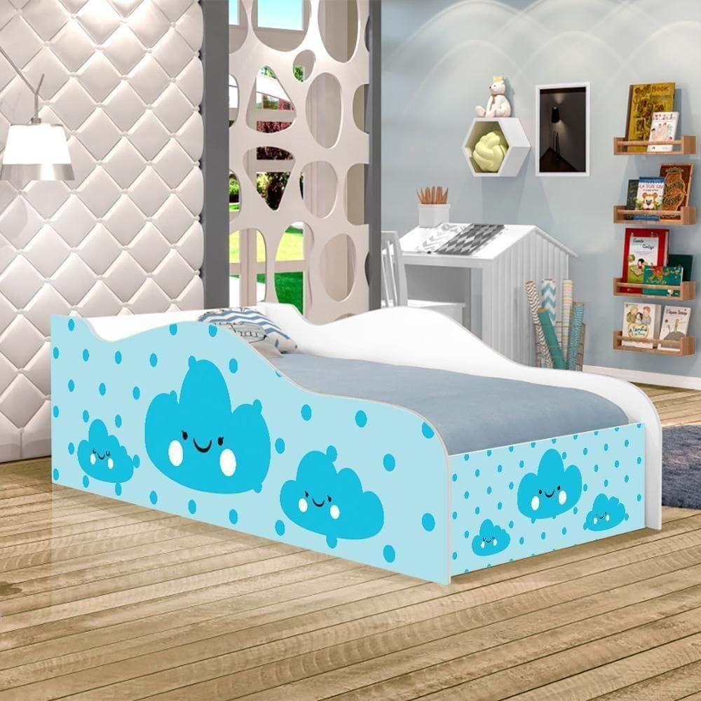 Cama Carro Fun Adesivada Nuvens Meninos Solteiro