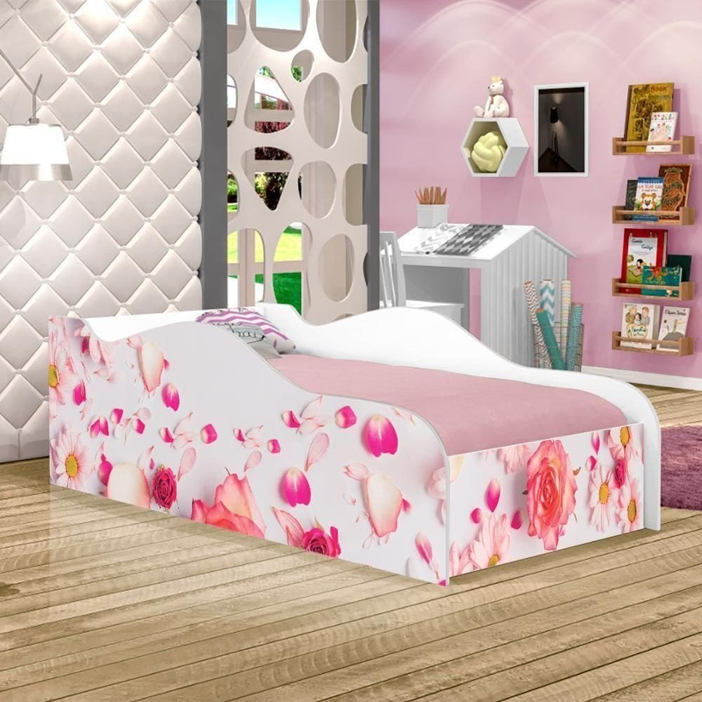 Cama Carro Fun Adesivada Rosas Solteiro