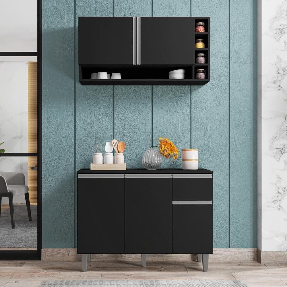 Balcão E Aéreo Para Cozinha Miami Preto Fosco