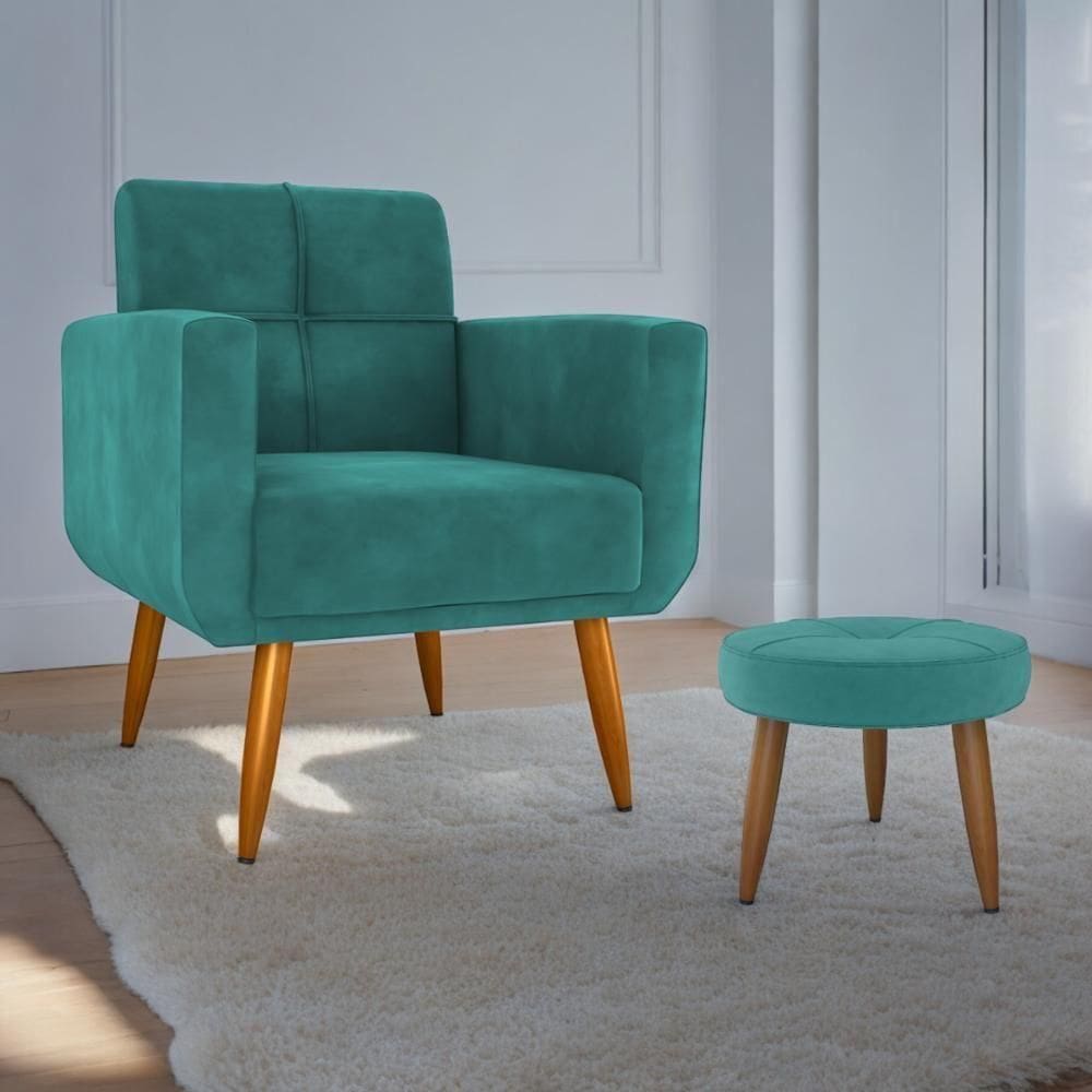 Jogo Poltrona E Puff Para Sala Hazen Veludo Verde Menta