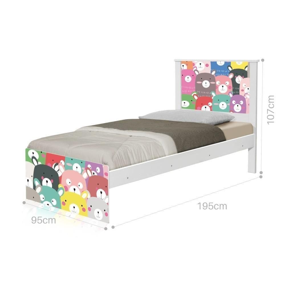 Cama Solteiro Com Cabeceira Adesivada Ursinhos Coloridos