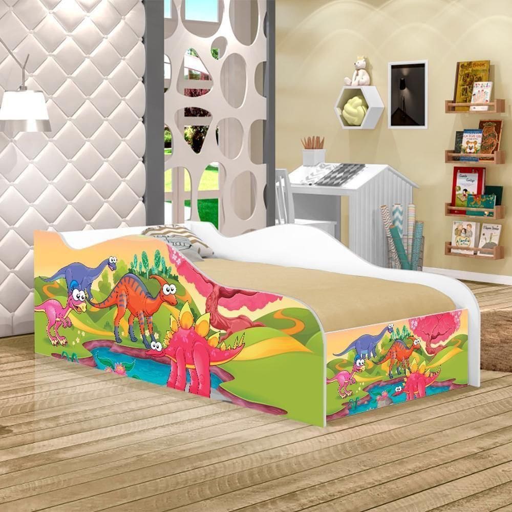 Cama Carro Fun Adesivada Planeta Dinossauro Solteiro