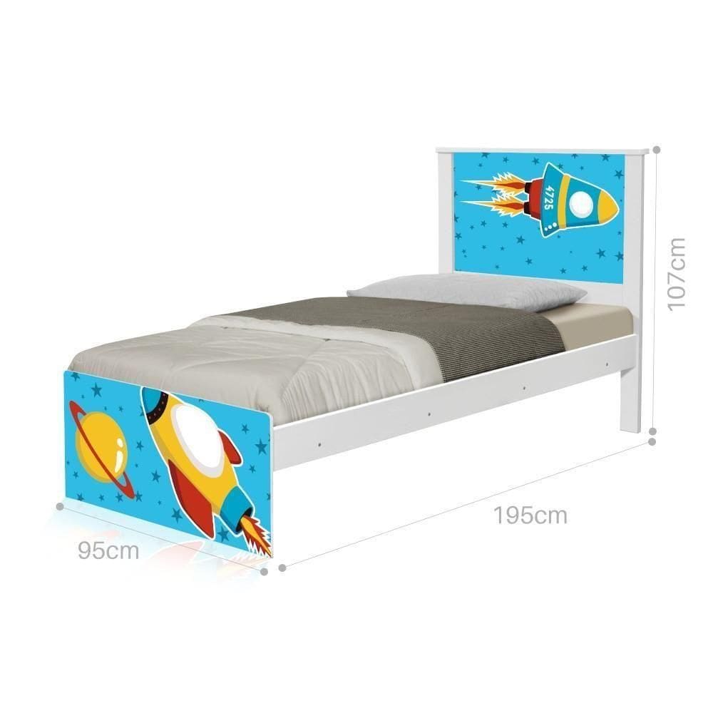 Cama Solteiro Com Cabeceira Adesivada Foguete Espacial