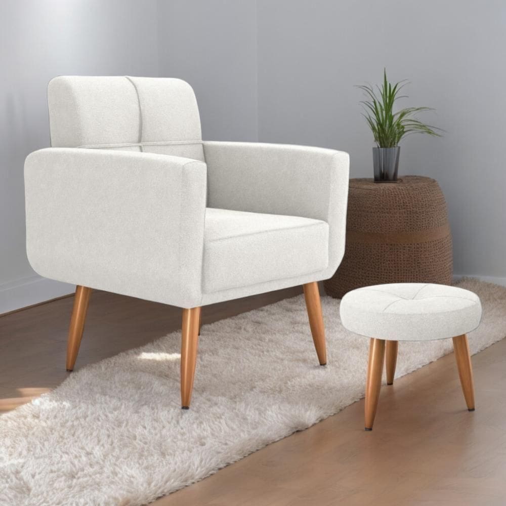 Jogo Poltrona E Puff Para Sala Oliver Boucle Natural