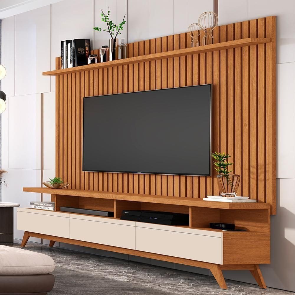 Conjunto Painel Ripado E Rack Eslôvenia Nature Off White