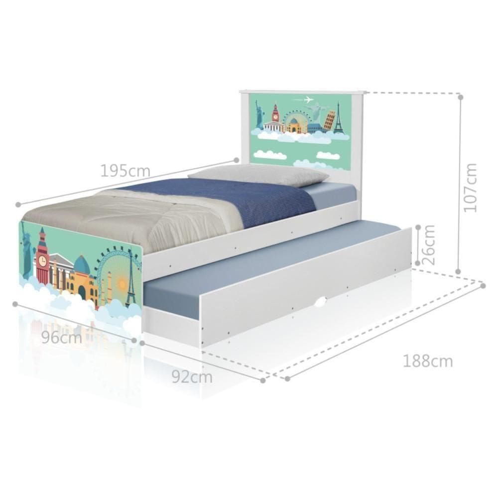 Bicama Juvenil Adesivada Mundo Viagens Com Colchões