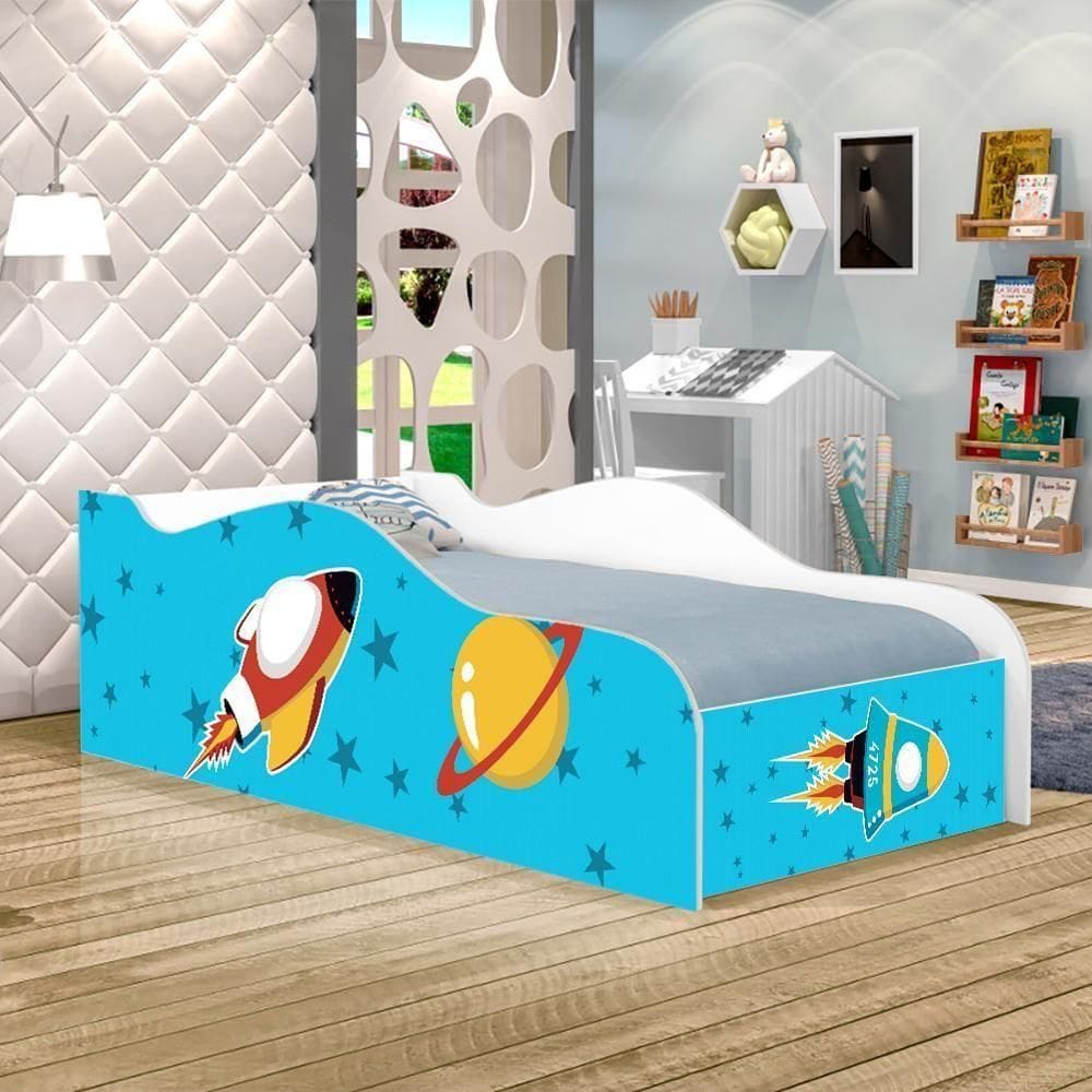Cama Carro Fun Adesivada Foguete Espacial Solteiro