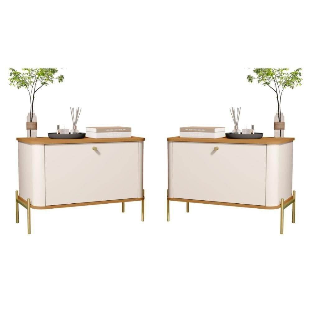 Conjunto Mesa De Cabeceira Albania Off White Nature Dourado