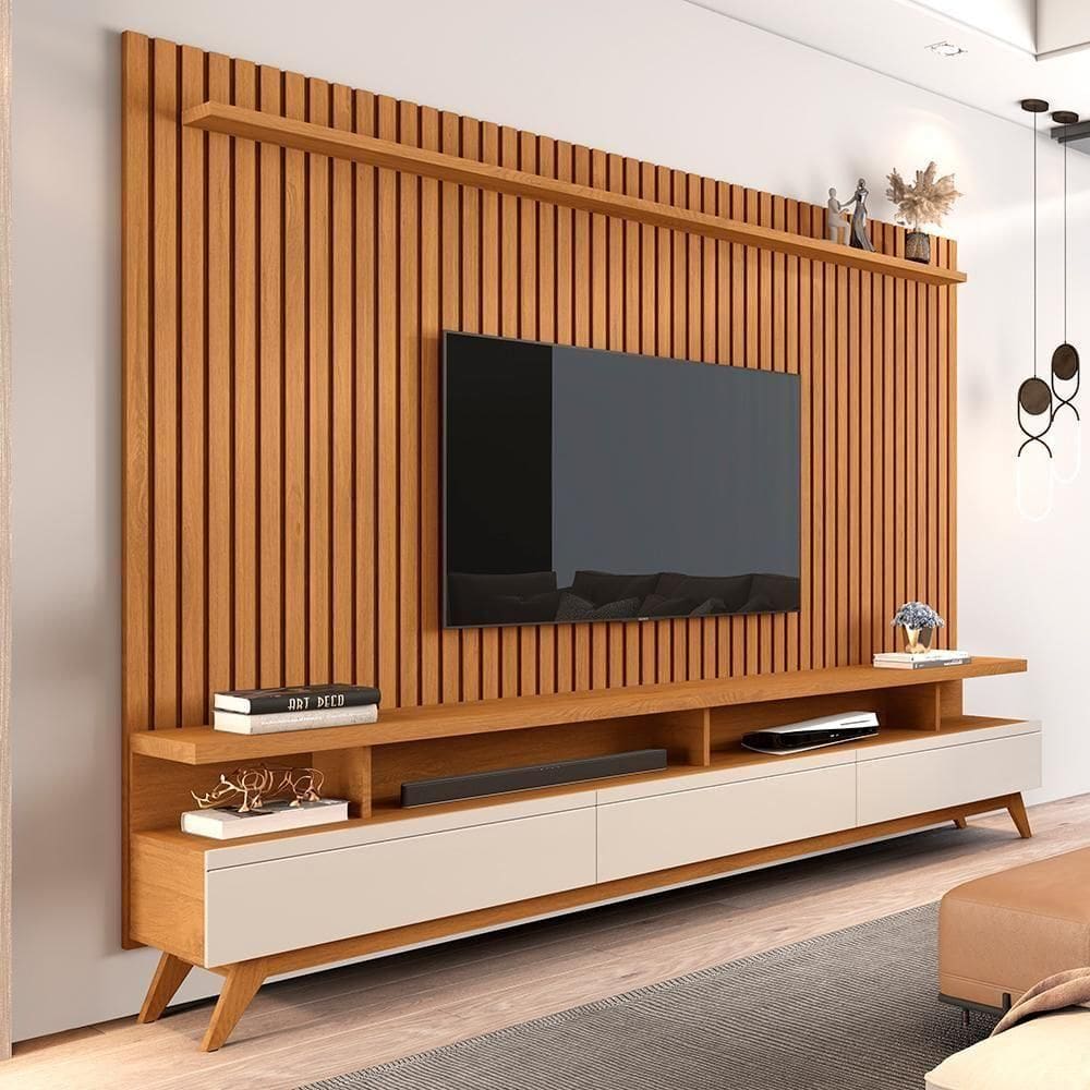 Conjunto Painel Ripado E Rack Pompéia Nature Off White