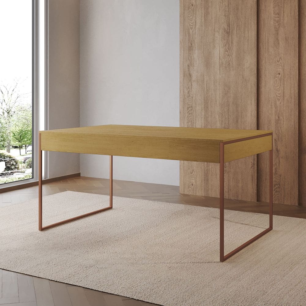 Mesa Industrial Caixote Filadélfia Tampo 120x75 Freijó Base Ferro Cobre