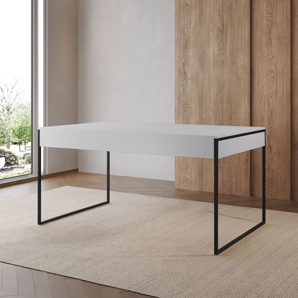 Mesa Industrial Caixote Filadélfia Tampo 120x75 Branco Preto Base Ferro Preto