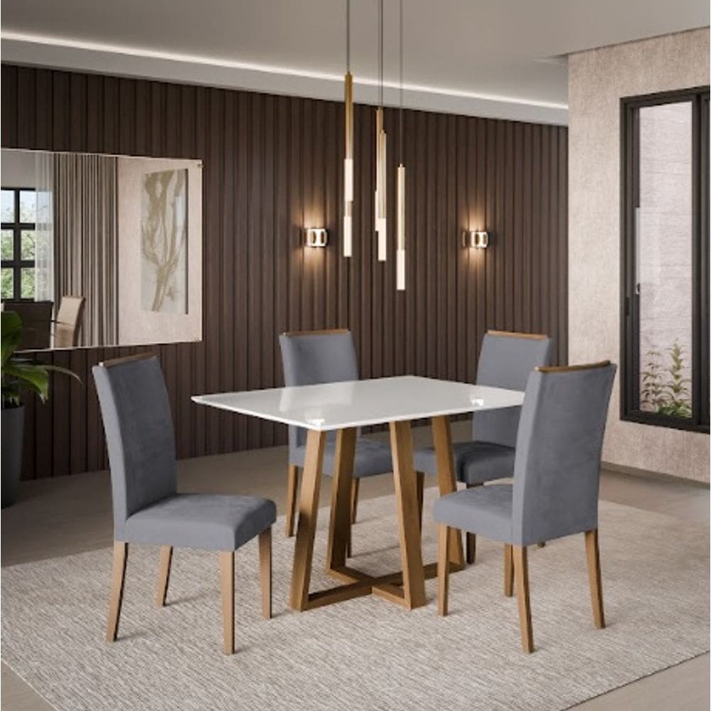 Conjunto Mesa 1,20 Dobuê Celta Vidro Imbuia/Branco Off Com 4 Cadeiras Topázio Imbuia/Grafite