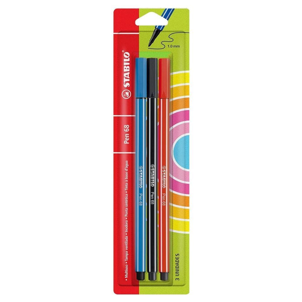 Caneta Stabilo Pen 68 c/3 Cores Básicas Ponta 1.0mm Blister - Stabilo | Papelaria | Multiuso | Tampa Ventilada | Inodoro